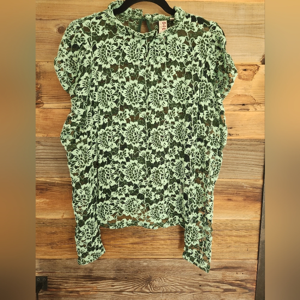 NWOT S Anthropologie Dolan Left Coast Sheer Mock Neck Lace Top Multi Green - Picture 5 of 7